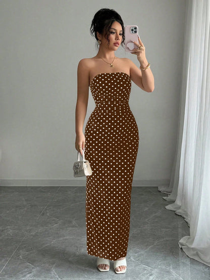 Rafferiza Women's Elegant Polka Dot Mesh Ruched Waist Strapless Mesh Dress