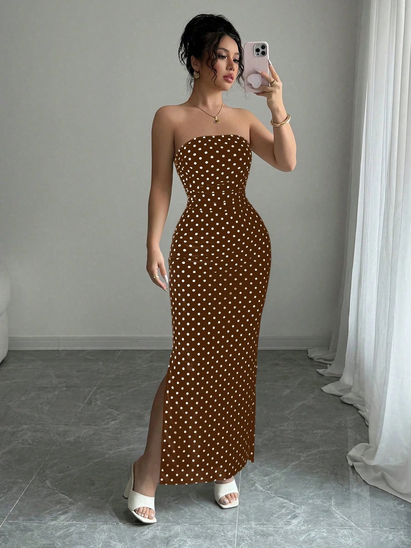 Rafferiza Women's Elegant Polka Dot Mesh Ruched Waist Strapless Mesh Dress