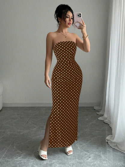 Rafferiza Women's Elegant Polka Dot Mesh Ruched Waist Strapless Mesh Dress