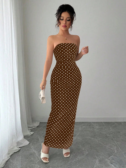 Rafferiza Women's Elegant Polka Dot Mesh Ruched Waist Strapless Mesh Dress