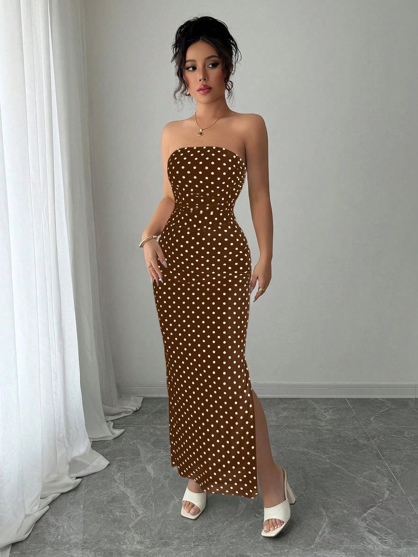 Rafferiza Women's Elegant Polka Dot Mesh Ruched Waist Strapless Mesh Dress