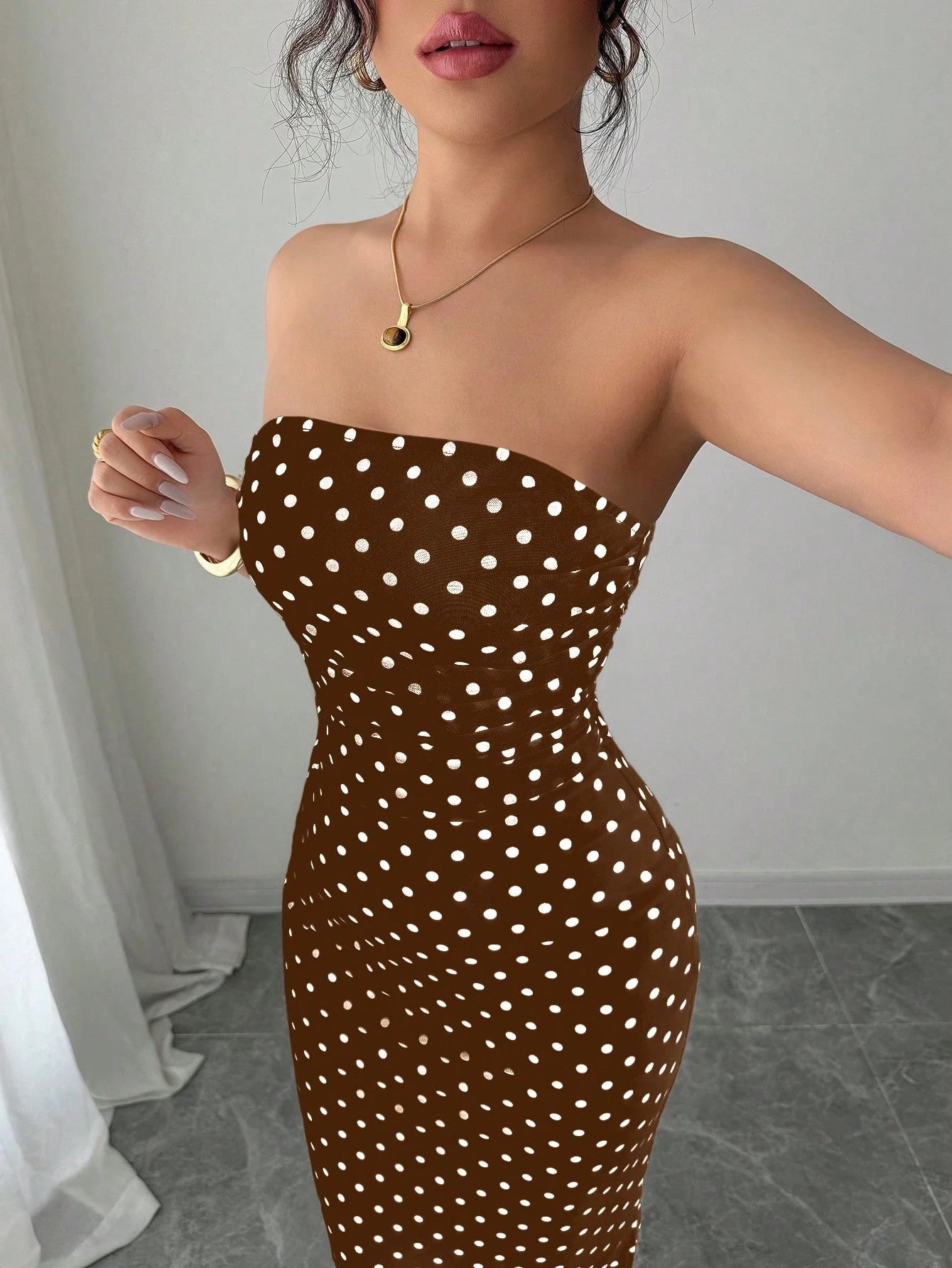 Rafferiza Women's Elegant Polka Dot Mesh Ruched Waist Strapless Mesh Dress