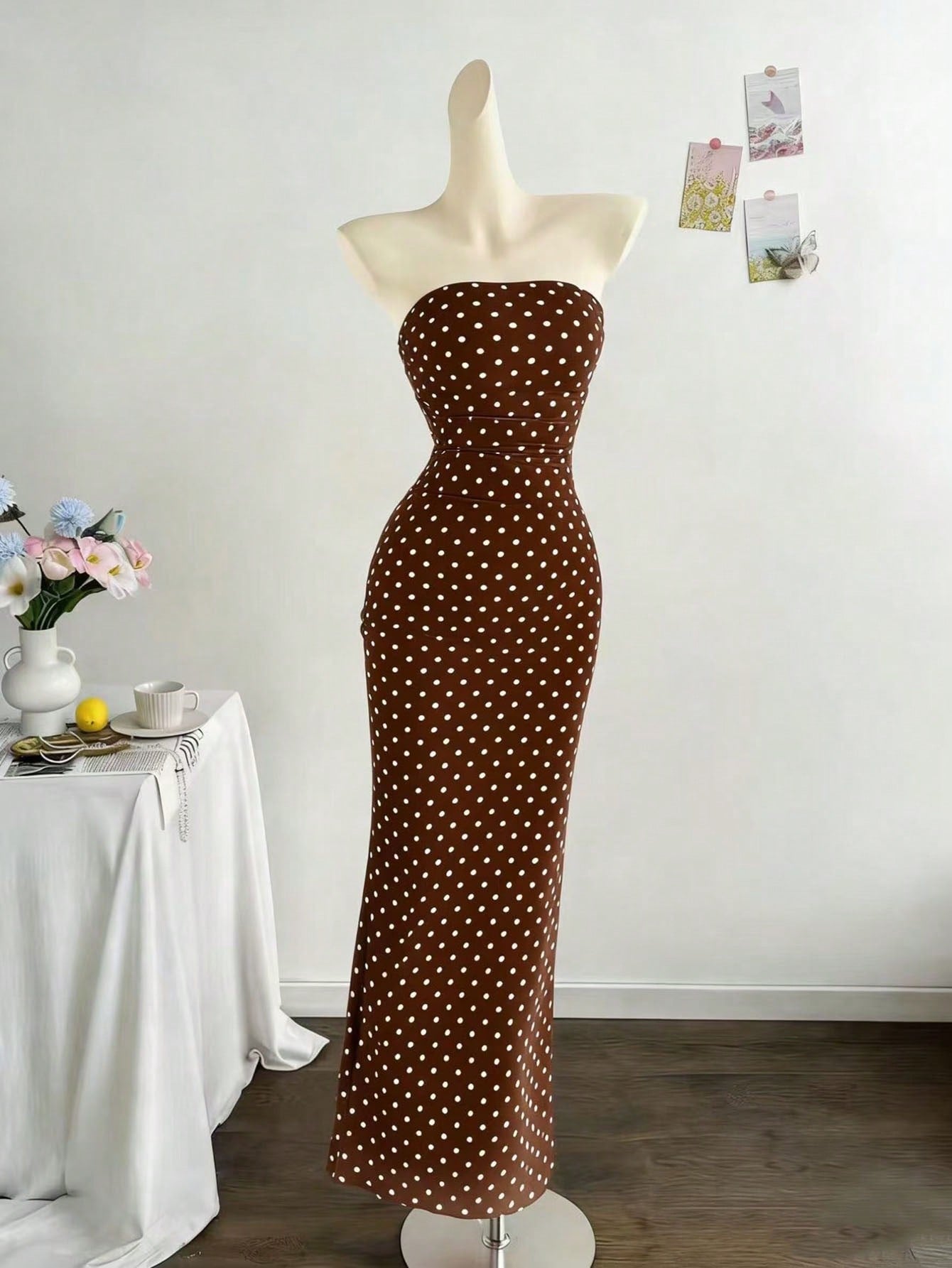 Rafferiza Women's Elegant Polka Dot Mesh Ruched Waist Strapless Mesh Dress