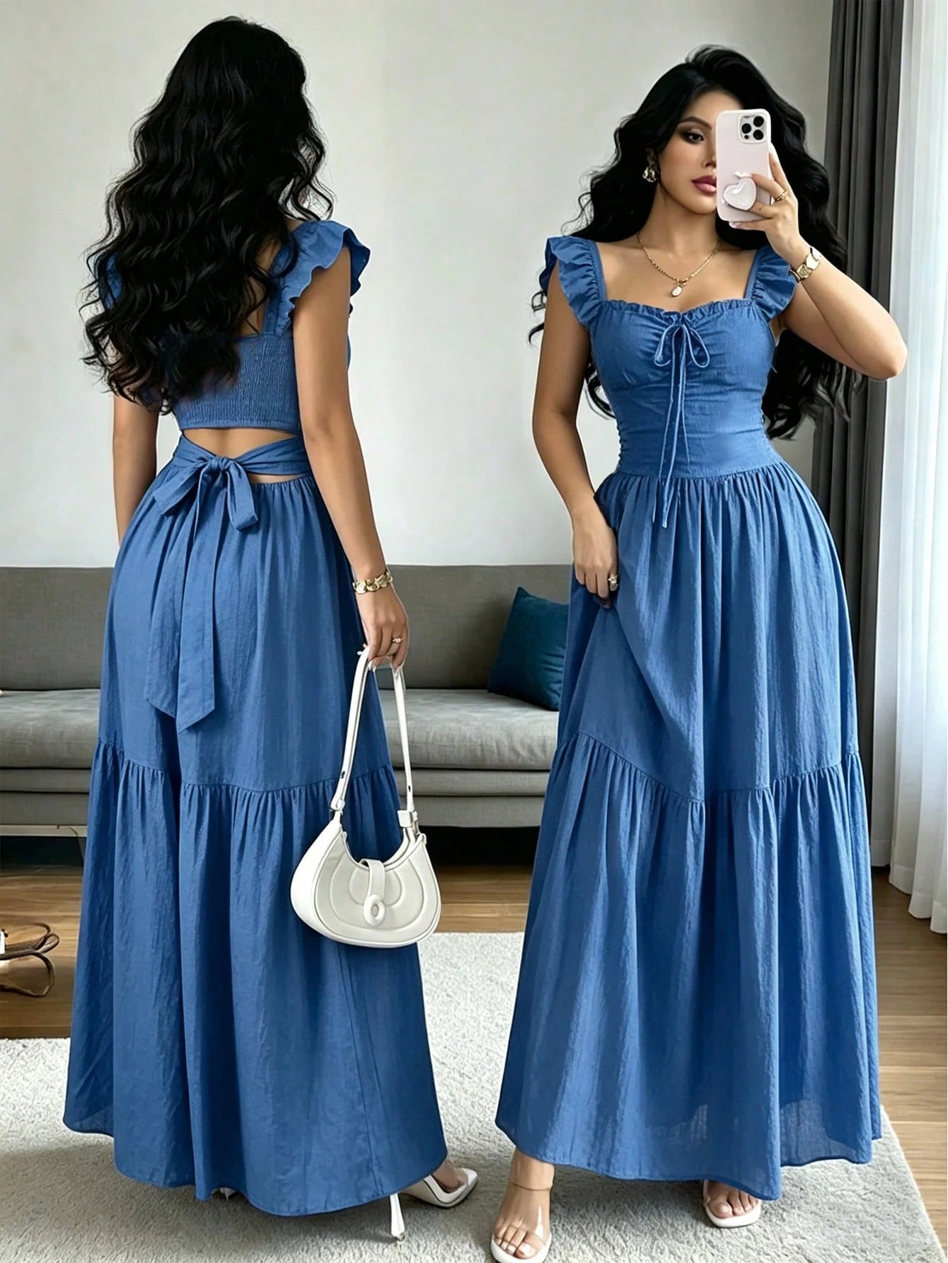 Raffinéa Women's Summer Casual Solid Color Tie-Up Hollow Out Dress