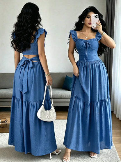 Raffinéa Women's Summer Casual Solid Color Tie-Up Hollow Out Dress