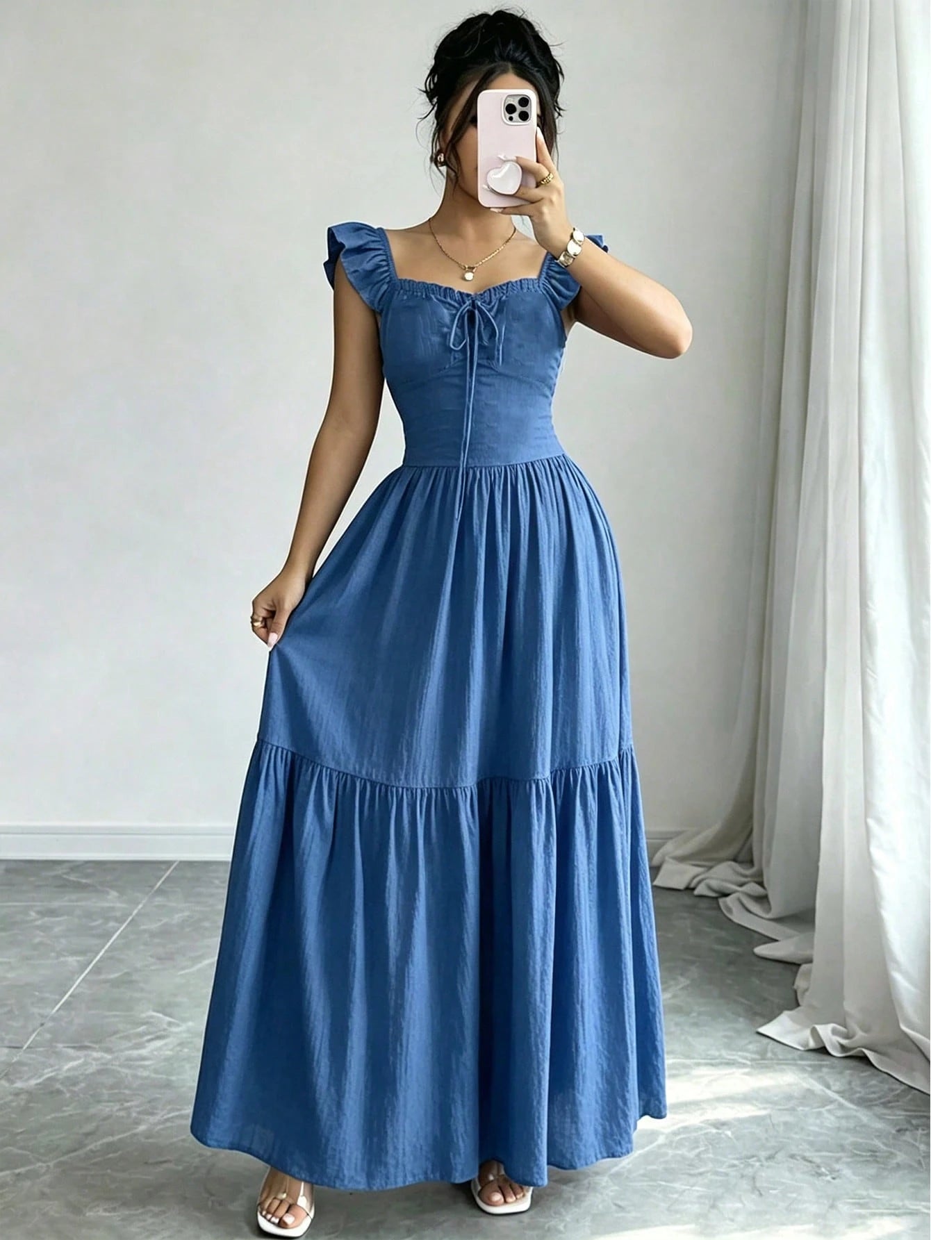 Raffinéa Women's Summer Casual Solid Color Tie-Up Hollow Out Dress