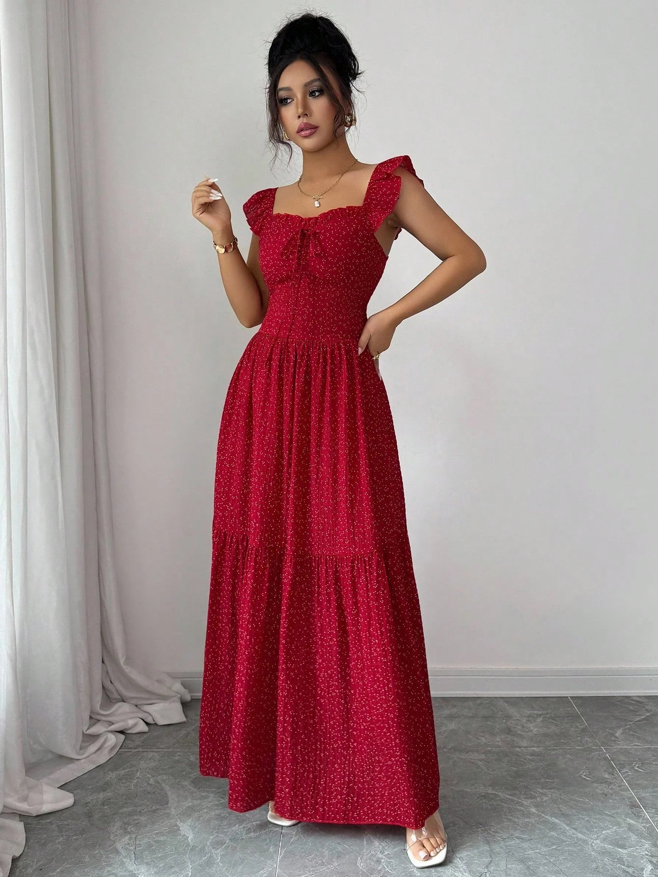 Raffinéa Women's Summer Casual Solid Color Tie-Up Hollow Out Dress