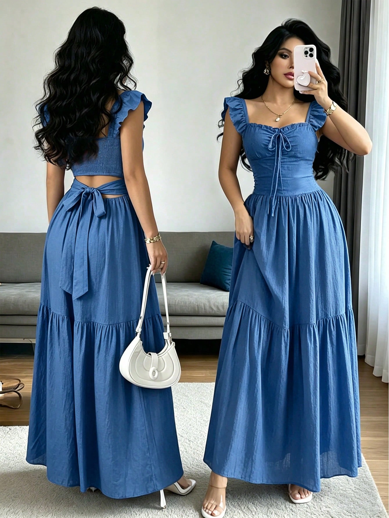 Raffinéa Women's Summer Casual Solid Color Tie-Up Hollow Out Dress