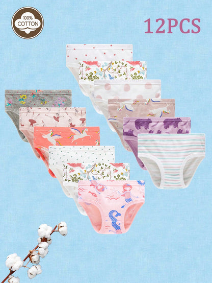 [RANDOM]12 Pcs/Pack Girls Comfortable Breathable Underwear With Dancer, Fox, Mermaid, Teddy Bear, Striped And Pentagram Print, Suitable For Small, Young Girl