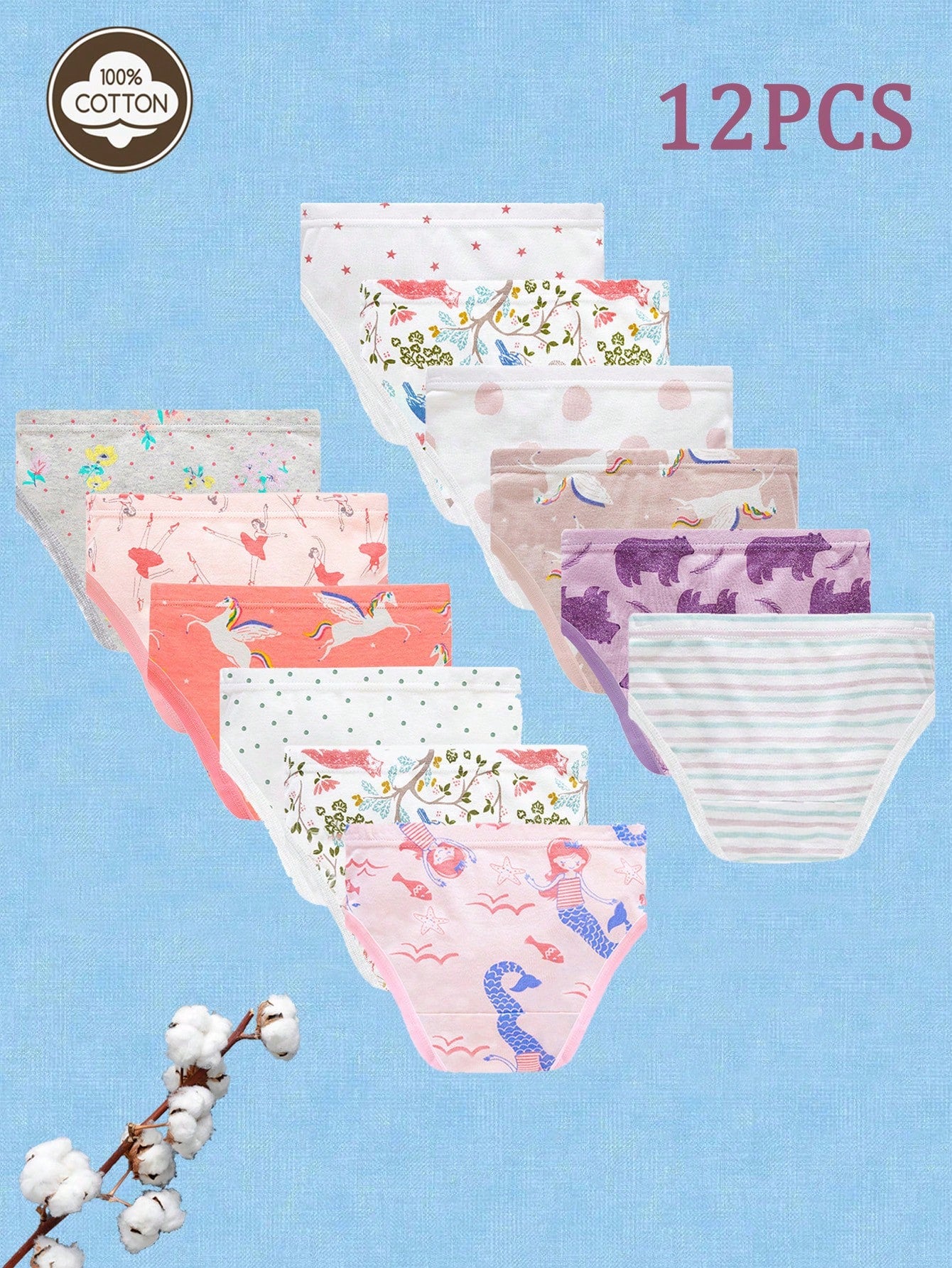 [RANDOM]12 Pcs/Pack Girls Comfortable Breathable Underwear With Dancer, Fox, Mermaid, Teddy Bear, Striped And Pentagram Print, Suitable For Small, Young Girl
