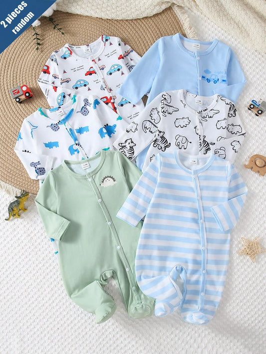 Random 1sets Newborn 0-12 Months Jumpsuit Forest Style Cute Ditsy Floral With Chain Craft Contrast Color Fresh Style Long Sleeve Footed Open Crotch