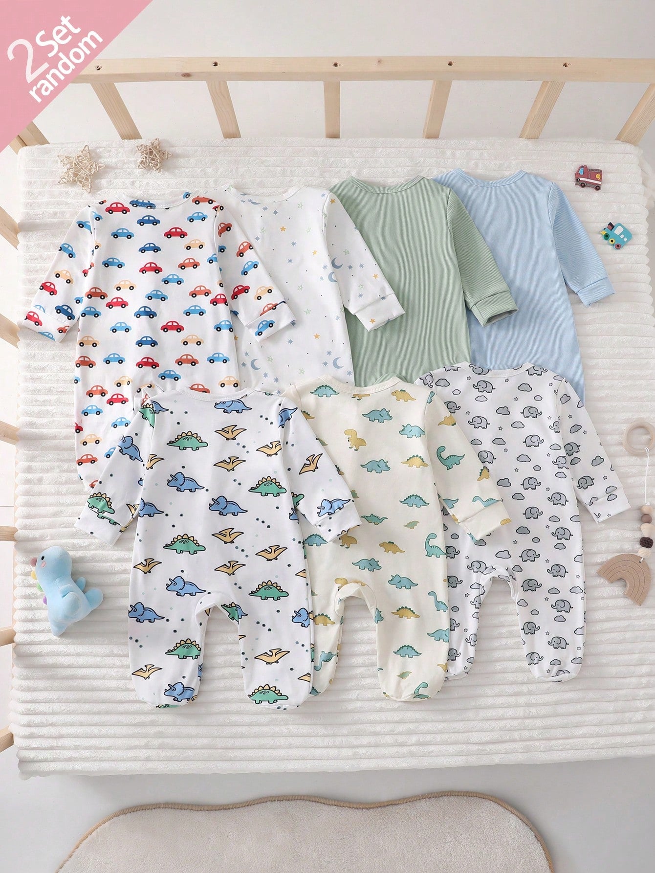 [Random 2pcs/7pcs] Newborn Baby Boys/Girls Long Sleeve Snap-Up Rompers,White,Autumn,Cute,Family Matching,Dinosaur,Elephant,Car,Cartoon Print Jumpsuit