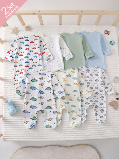 [Random 2pcs/7pcs] Newborn Baby Boys/Girls Long Sleeve Snap-Up Rompers,White,Autumn,Cute,Family Matching,Dinosaur,Elephant,Car,Cartoon Print Jumpsuit