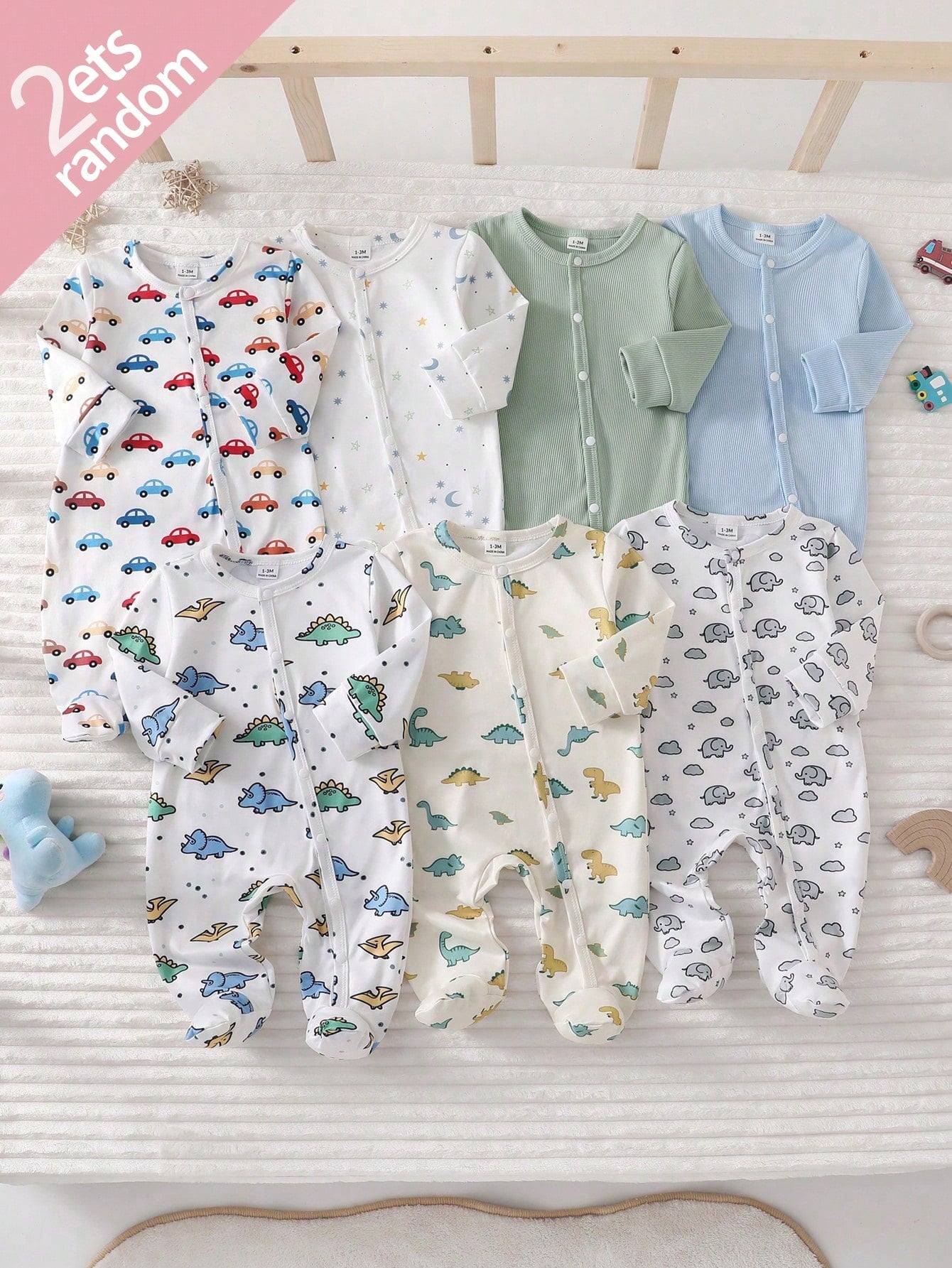 [Random 2pcs/7pcs] Newborn Baby Boys/Girls Long Sleeve Snap-Up Rompers,White,Autumn,Cute,Family Matching,Dinosaur,Elephant,Car,Cartoon Print Jumpsuit