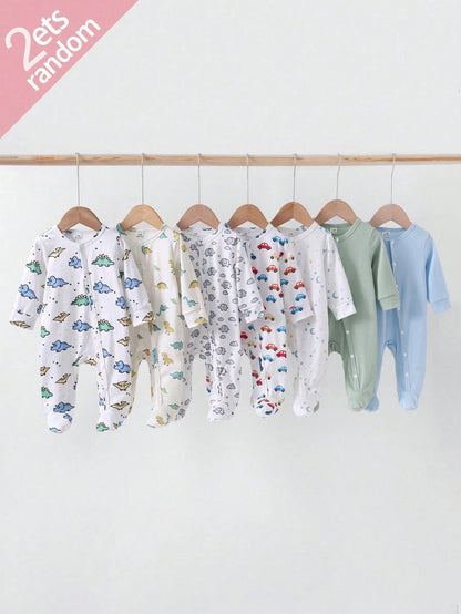[Random 2pcs/7pcs] Newborn Baby Boys/Girls Long Sleeve Snap-Up Rompers,White,Autumn,Cute,Family Matching,Dinosaur,Elephant,Car,Cartoon Print Jumpsuit