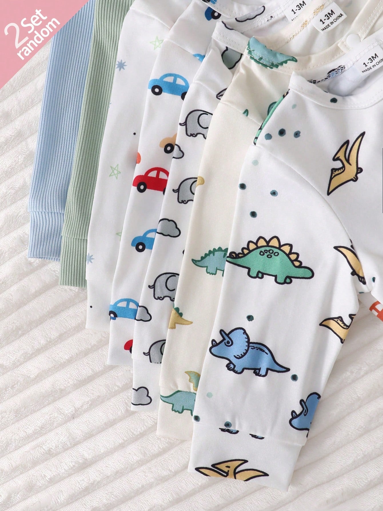 [Random 2pcs/7pcs] Newborn Baby Boys/Girls Long Sleeve Snap-Up Rompers,White,Autumn,Cute,Family Matching,Dinosaur,Elephant,Car,Cartoon Print Jumpsuit