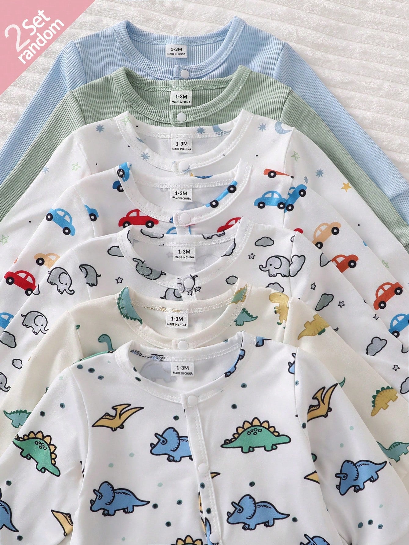 [Random 2pcs/7pcs] Newborn Baby Boys/Girls Long Sleeve Snap-Up Rompers,White,Autumn,Cute,Family Matching,Dinosaur,Elephant,Car,Cartoon Print Jumpsuit
