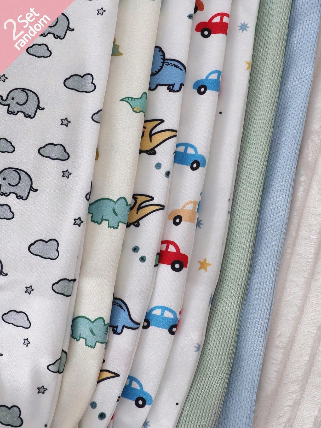 [Random 2pcs/7pcs] Newborn Baby Boys/Girls Long Sleeve Snap-Up Rompers,White,Autumn,Cute,Family Matching,Dinosaur,Elephant,Car,Cartoon Print Jumpsuit
