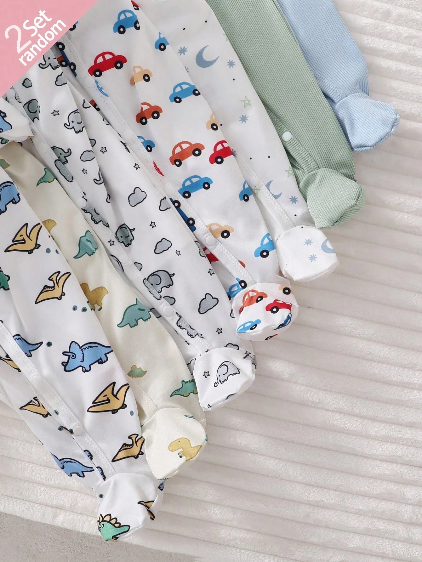 [Random 2pcs/7pcs] Newborn Baby Boys/Girls Long Sleeve Snap-Up Rompers,White,Autumn,Cute,Family Matching,Dinosaur,Elephant,Car,Cartoon Print Jumpsuit