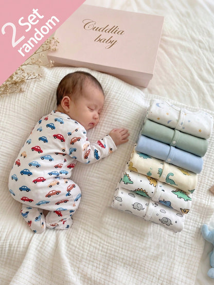 [Random 2pcs/7pcs] Newborn Baby Boys/Girls Long Sleeve Snap-Up Rompers,White,Autumn,Cute,Family Matching,Dinosaur,Elephant,Car,Cartoon Print Jumpsuit
