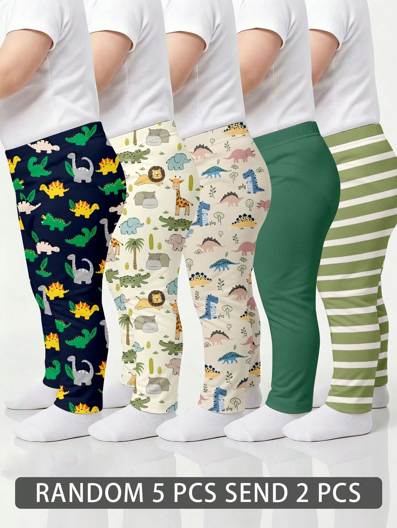 RANDOM 5 PCS SEND 2 PCS Baby Boy Patterned Long Pants 2 Pieces Set, Classic Cute Cartoon Dinosaur Print, Classic Animal Party Print, Suitable