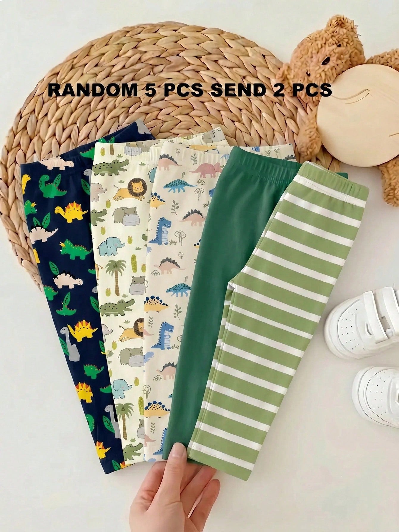 RANDOM 5 PCS SEND 2 PCS Baby Boy Patterned Long Pants 2 Pieces Set, Classic Cute Cartoon Dinosaur Print, Classic Animal Party Print, Suitable