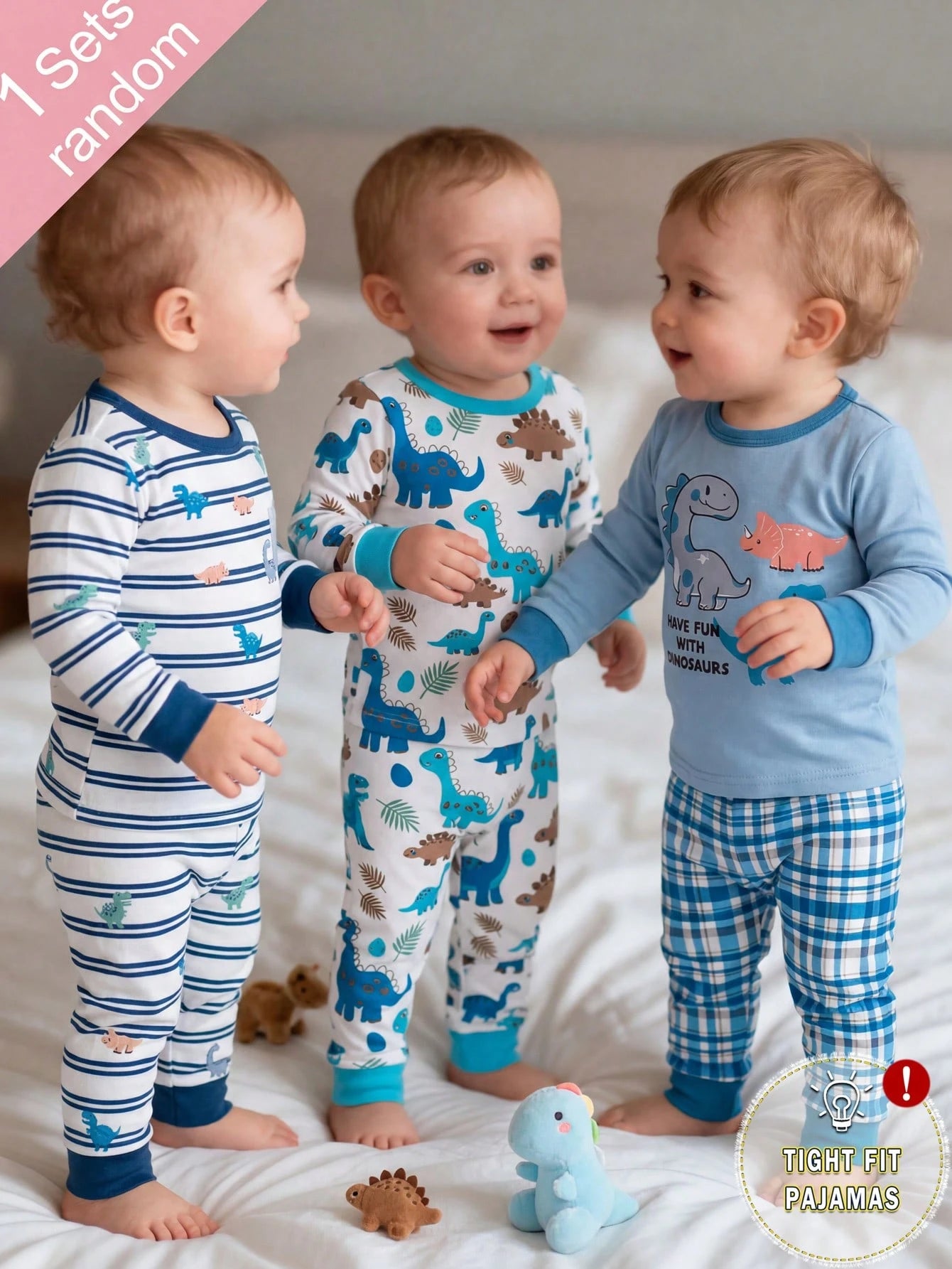 (Randomly Sent 1 Set) Baby Boy Soft Comfortable High Elastic Fabric Crew Neck Long Sleeve Dinosaur Pattern With Plaid Pattern Long Pants Tight Fit Loungewear Set