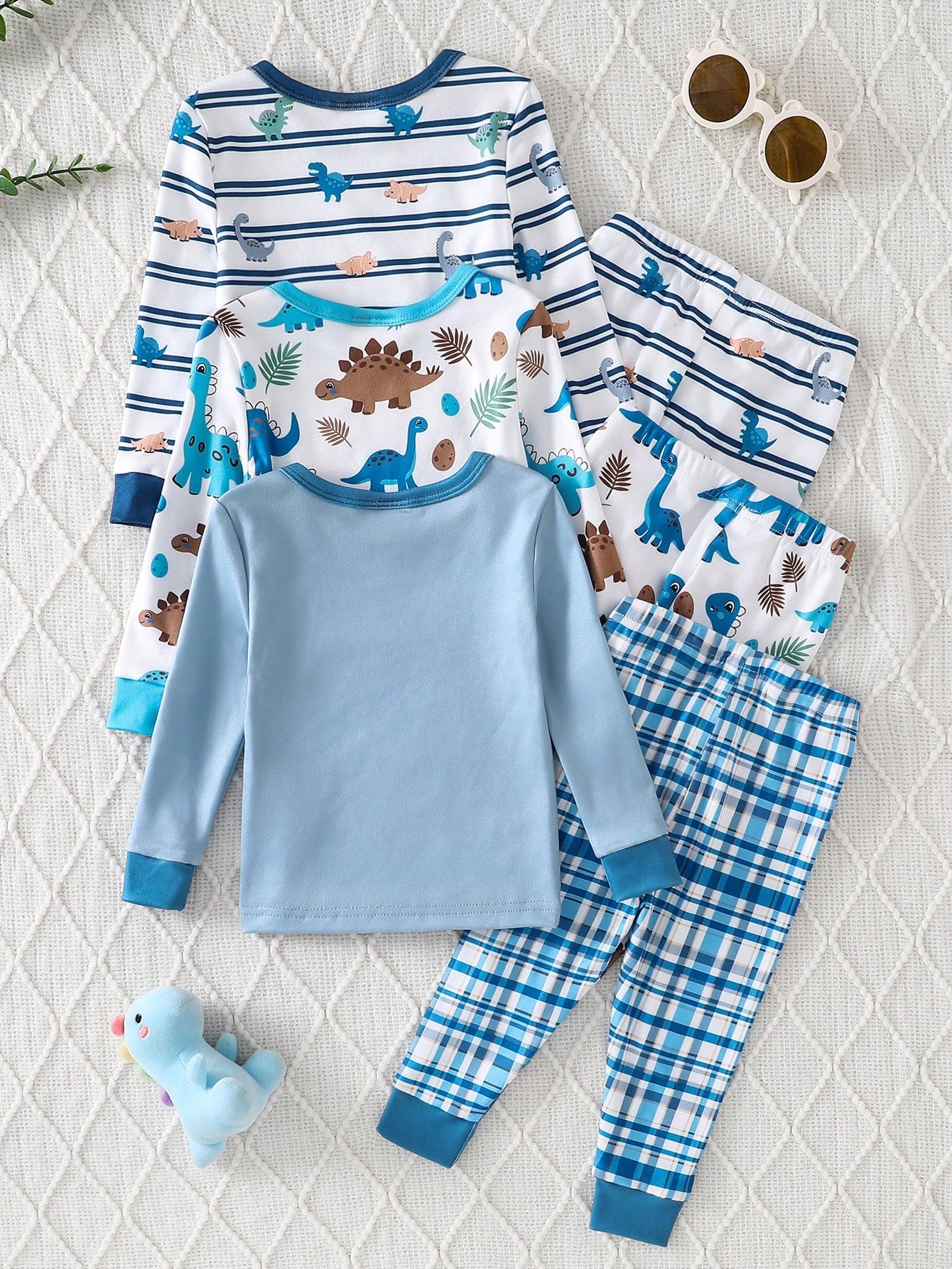 (Randomly Sent 1 Set) Baby Boy Soft Comfortable High Elastic Fabric Crew Neck Long Sleeve Dinosaur Pattern With Plaid Pattern Long Pants Tight Fit Loungewear Set