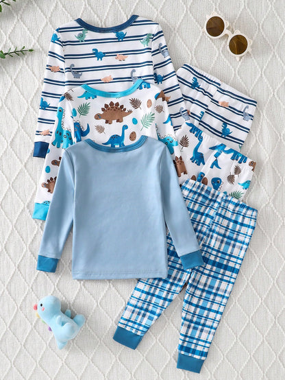 (Randomly Sent 1 Set) Baby Boy Soft Comfortable High Elastic Fabric Crew Neck Long Sleeve Dinosaur Pattern With Plaid Pattern Long Pants Tight Fit Loungewear Set