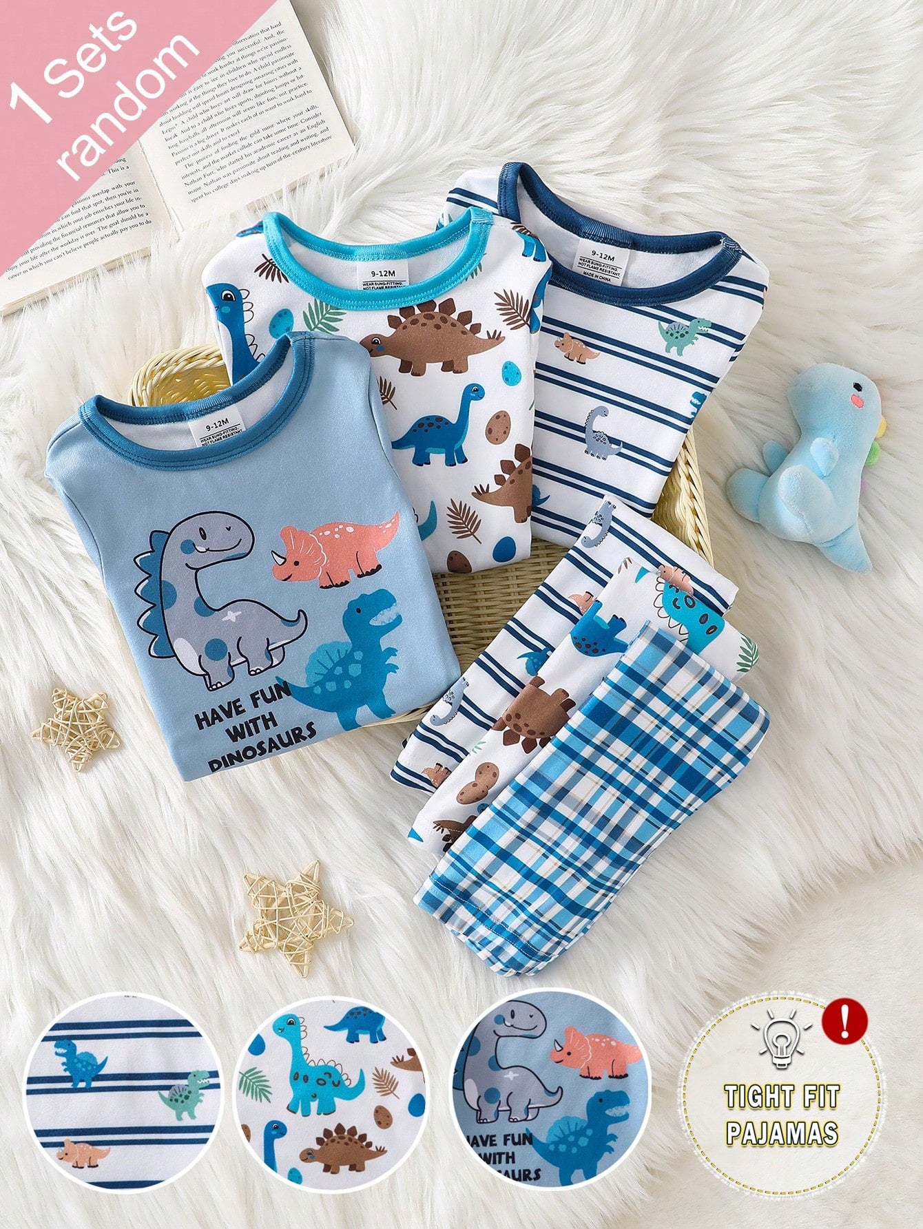 (Randomly Sent 1 Set) Baby Boy Soft Comfortable High Elastic Fabric Crew Neck Long Sleeve Dinosaur Pattern With Plaid Pattern Long Pants Tight Fit Loungewear Set