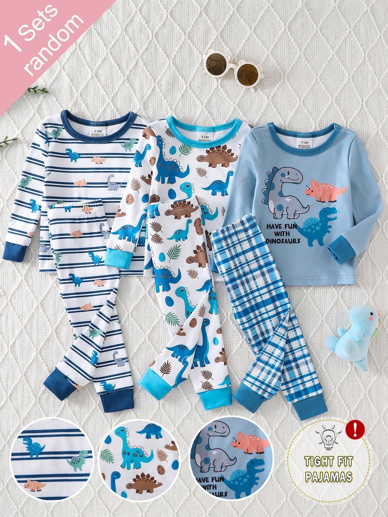 (Randomly Sent 1 Set) Baby Boy Soft Comfortable High Elastic Fabric Crew Neck Long Sleeve Dinosaur Pattern With Plaid Pattern Long Pants Tight Fit Loungewear Set