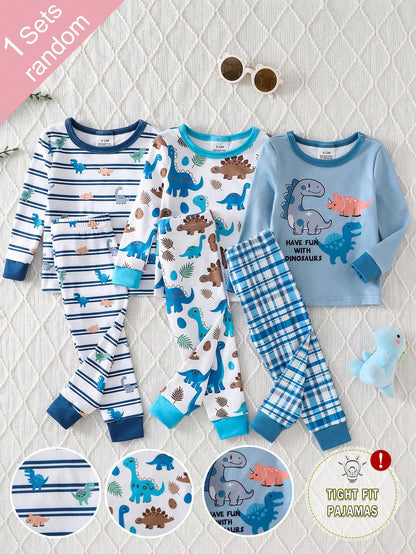 (Randomly Sent 1 Set) Baby Boy Soft Comfortable High Elastic Fabric Crew Neck Long Sleeve Dinosaur Pattern With Plaid Pattern Long Pants Tight Fit Loungewear Set