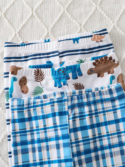 (Randomly Sent 1 Set) Baby Boy Soft Comfortable High Elastic Fabric Crew Neck Long Sleeve Dinosaur Pattern With Plaid Pattern Long Pants Tight Fit Loungewear Set