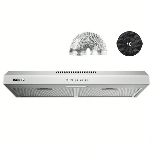 Range Hood 30 Inch, IsEasy Under Cabinet Range Hood, Ducted/Ductless Convertible, Kitchen Vent Hood 30 Inch With 3-Speed Exhaust Fan, Stainless Steel, LED Light And Reusable Charcoal Filter