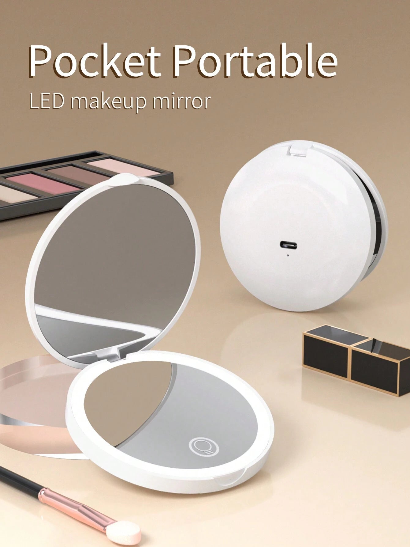 Rechargeable Portable LED Makeup Mirror, Solid Color Light Handheld 2X Magnifying Mirror, Adjustable Fill Light, Compact Foldable With Light