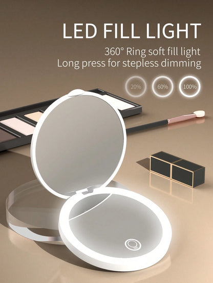 Rechargeable Portable LED Makeup Mirror, Solid Color Light Handheld 2X Magnifying Mirror, Adjustable Fill Light, Compact Foldable With Light
