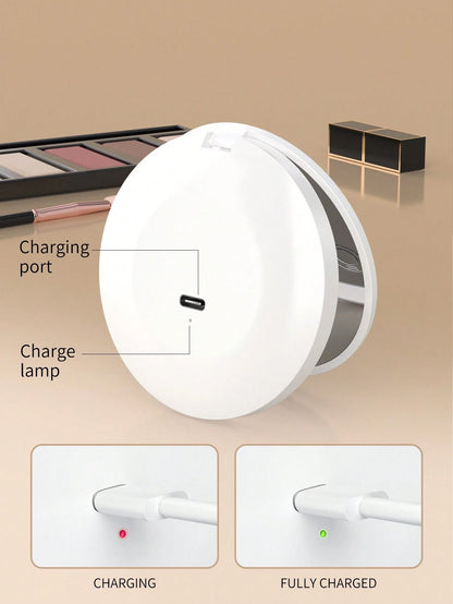 Rechargeable Portable LED Makeup Mirror, Solid Color Light Handheld 2X Magnifying Mirror, Adjustable Fill Light, Compact Foldable With Light