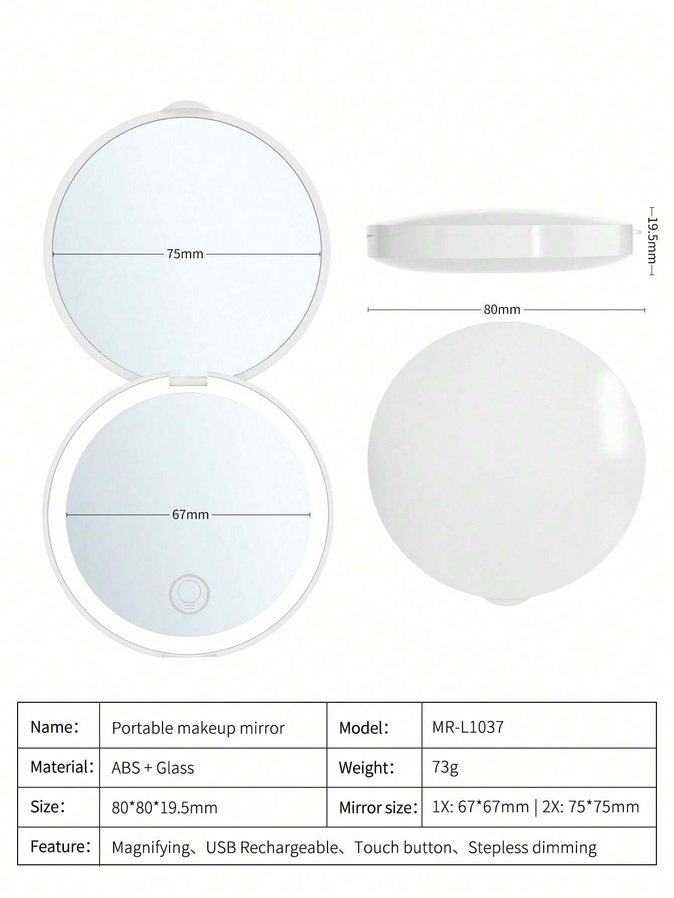 Rechargeable Portable LED Makeup Mirror, Solid Color Light Handheld 2X Magnifying Mirror, Adjustable Fill Light, Compact Foldable With Light