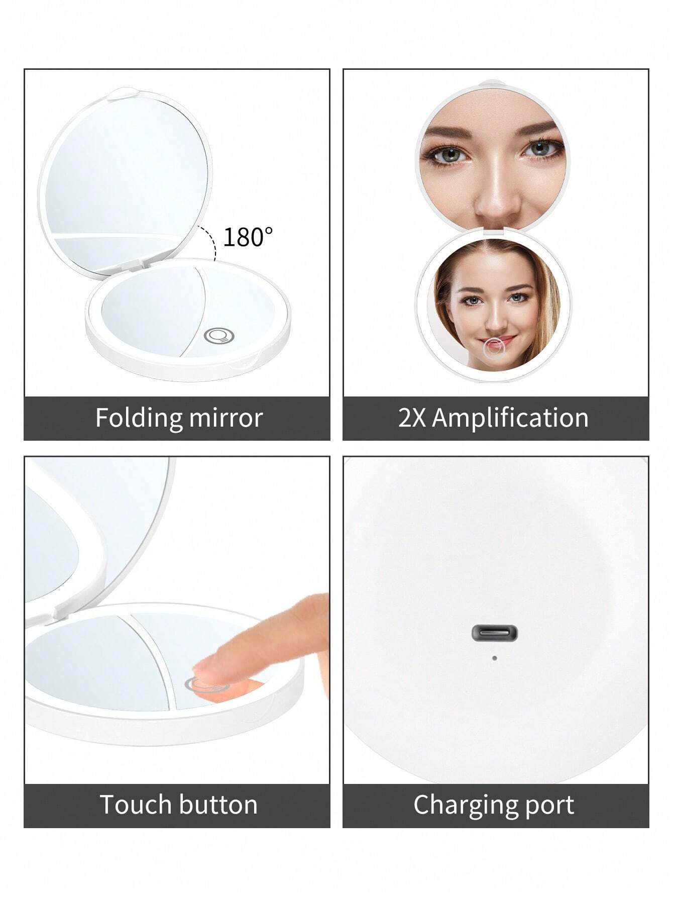 Rechargeable Portable LED Makeup Mirror, Solid Color Light Handheld 2X Magnifying Mirror, Adjustable Fill Light, Compact Foldable With Light