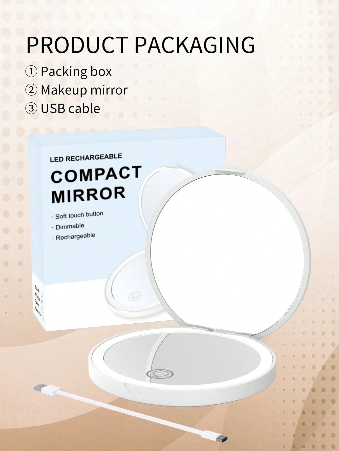 Rechargeable Portable LED Makeup Mirror, Solid Color Light Handheld 2X Magnifying Mirror, Adjustable Fill Light, Compact Foldable With Light
