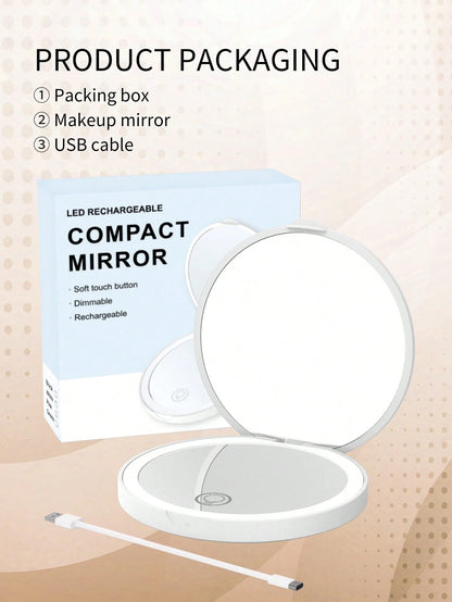 Rechargeable Portable LED Makeup Mirror, Solid Color Light Handheld 2X Magnifying Mirror, Adjustable Fill Light, Compact Foldable With Light