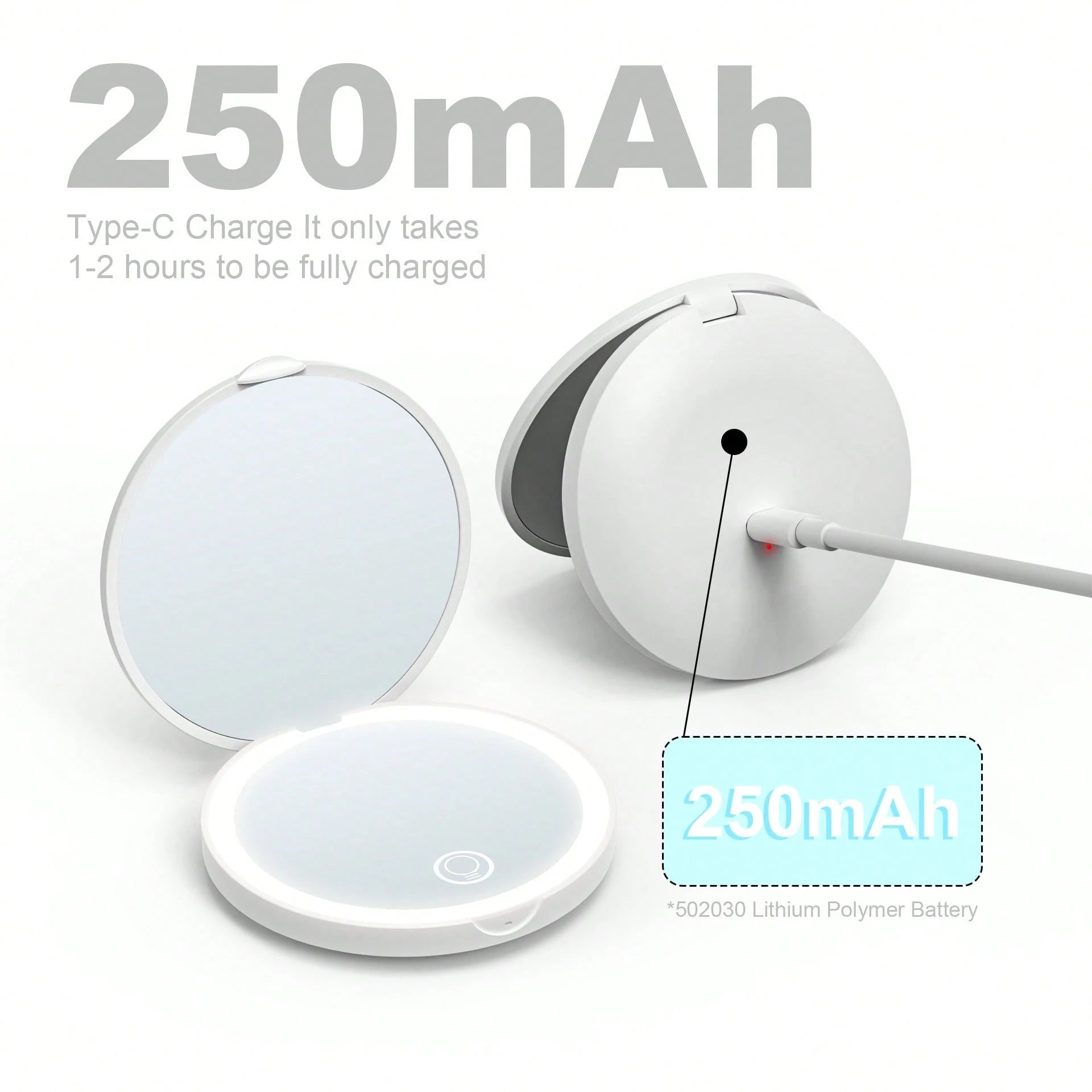 Rechargeable Portable LED Makeup Mirror, Solid Color Light Handheld 2X Magnifying Mirror, Adjustable Fill Light, Compact Foldable With Light