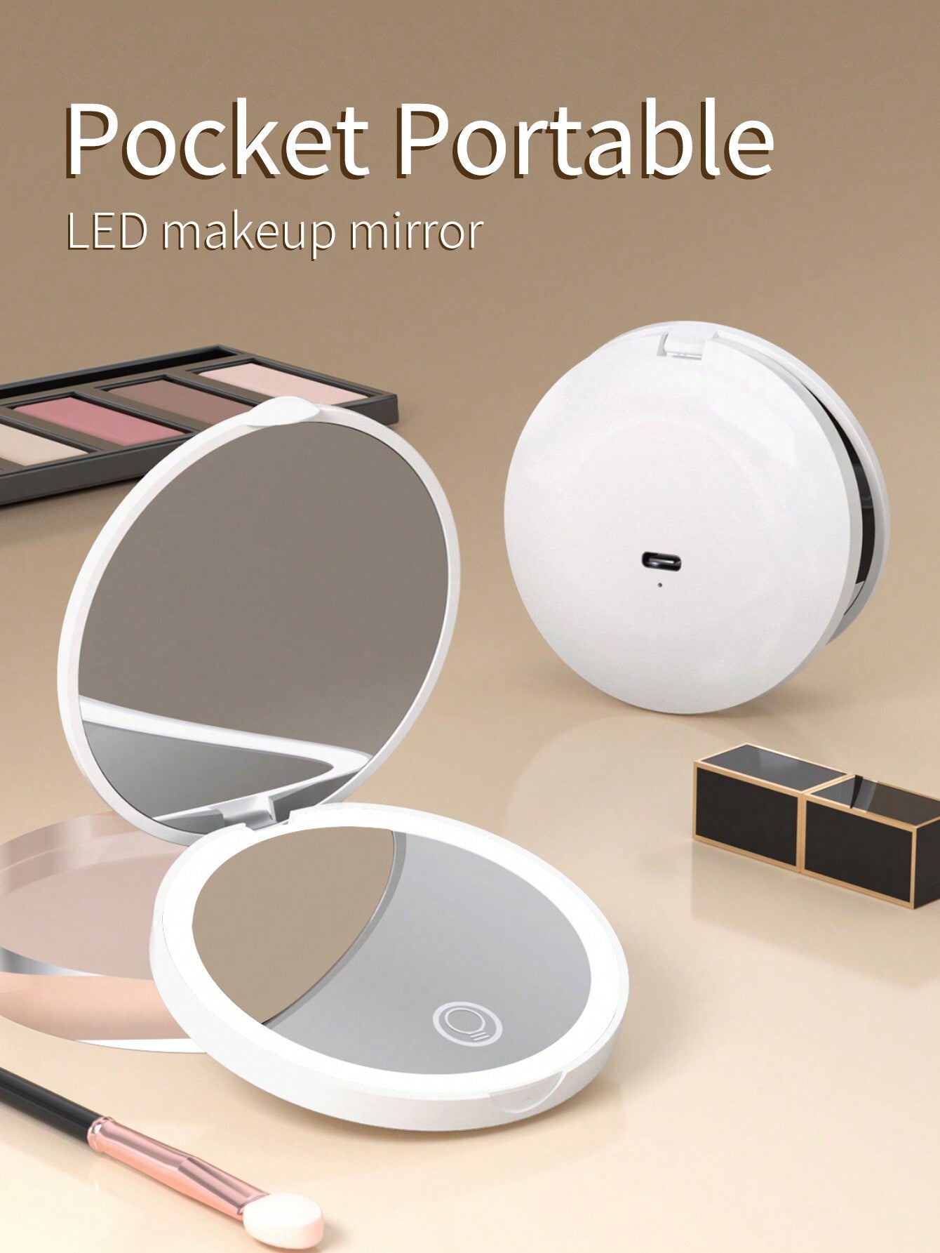 Rechargeable Portable LED Makeup Mirror, Solid Color Light Handheld 2X Magnifying Mirror, Adjustable Fill Light, Compact Foldable With Light