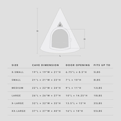 Measurement chart for a conical pet cave with dimensions and weight capacity.