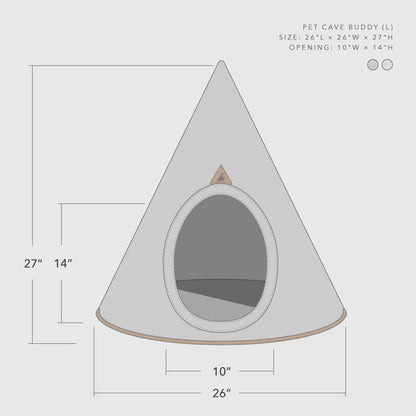 Large triangular pet cave with dimensions on a white background