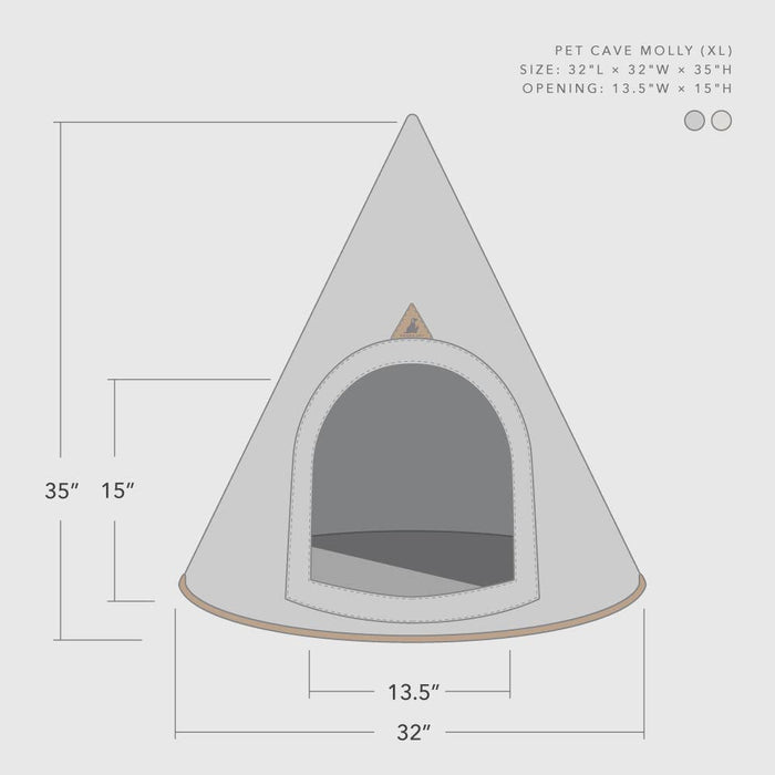 Triangular pet cave with dimensions on a white background