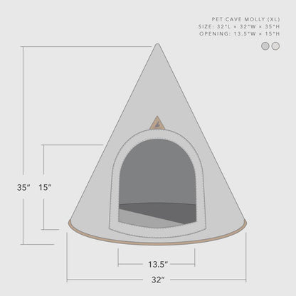 Triangular pet cave with dimensions on a white background