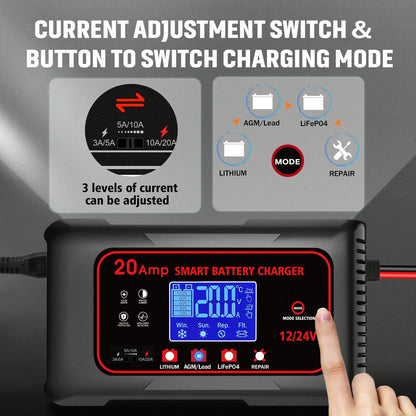 RED-20-Amp Smart Battery Charger, For Car,Boat,Motorcycle, Lawn Mower,12V/20A And 24V/10A.Lithium,Lifepo4,Lead-Acid(AGM/Gel/SLA..) Car Battery Charger,Trickle Charger, Maintainer/Pulse Repair Charger