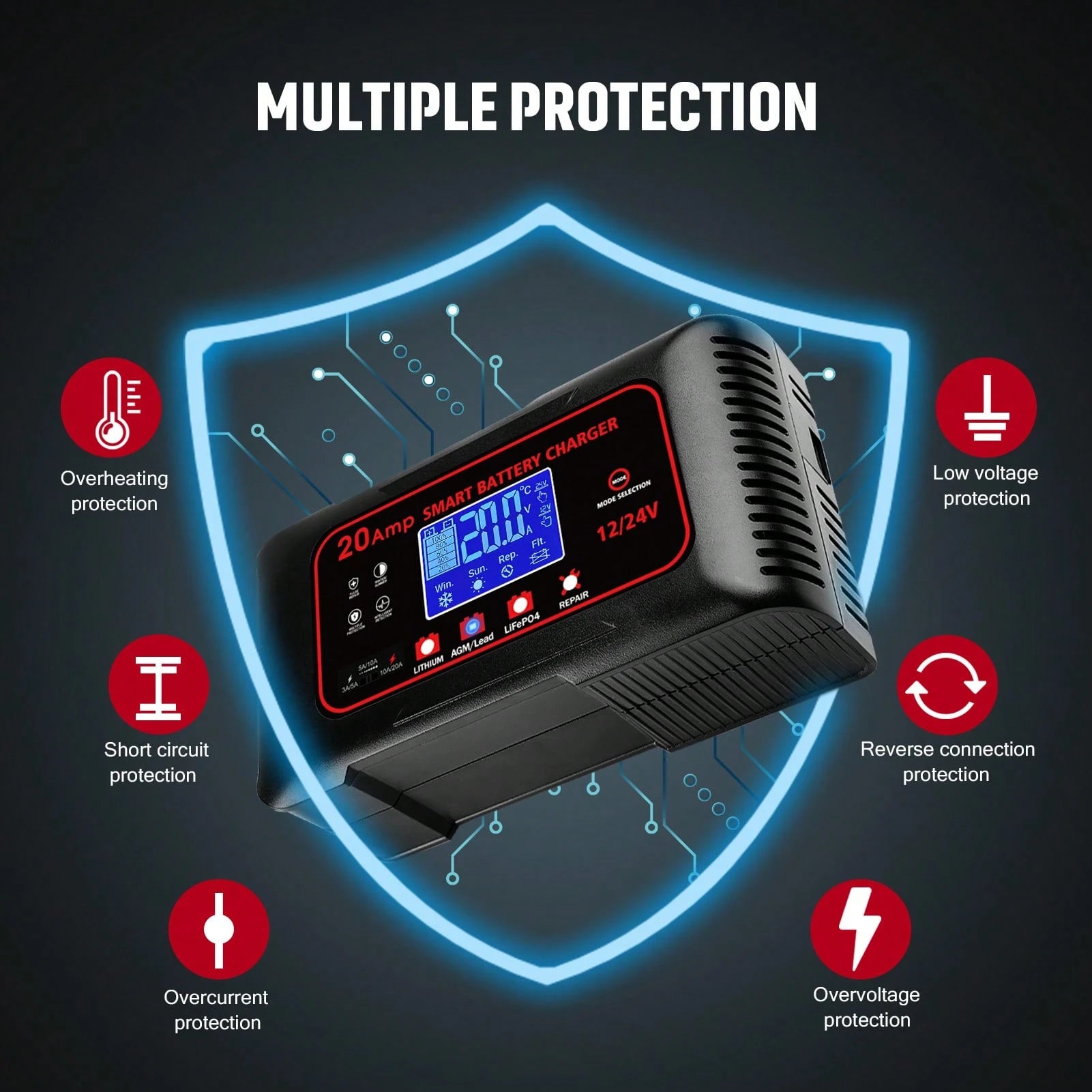 RED-20-Amp Smart Battery Charger, For Car,Boat,Motorcycle, Lawn Mower,12V/20A And 24V/10A.Lithium,Lifepo4,Lead-Acid(AGM/Gel/SLA..) Car Battery Charger,Trickle Charger, Maintainer/Pulse Repair Charger