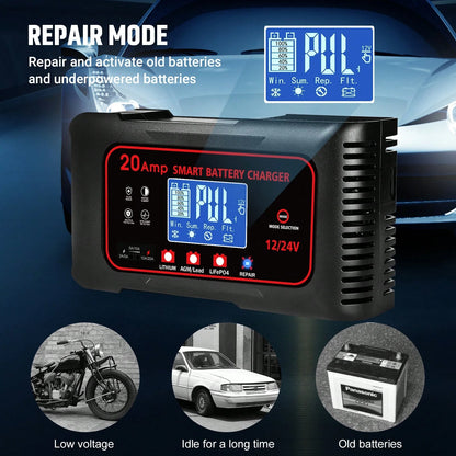 RED-20-Amp Smart Battery Charger, For Car,Boat,Motorcycle, Lawn Mower,12V/20A And 24V/10A.Lithium,Lifepo4,Lead-Acid(AGM/Gel/SLA..) Car Battery Charger,Trickle Charger, Maintainer/Pulse Repair Charger